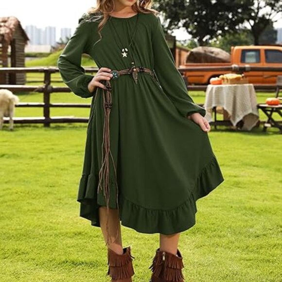 Girls Boho Long Sleeve Lace Backless Tie Dress - Picture 1 of 4